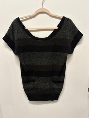DC Women's Black Gray Striped Knit Short Sleeve Sweater Too Size Med